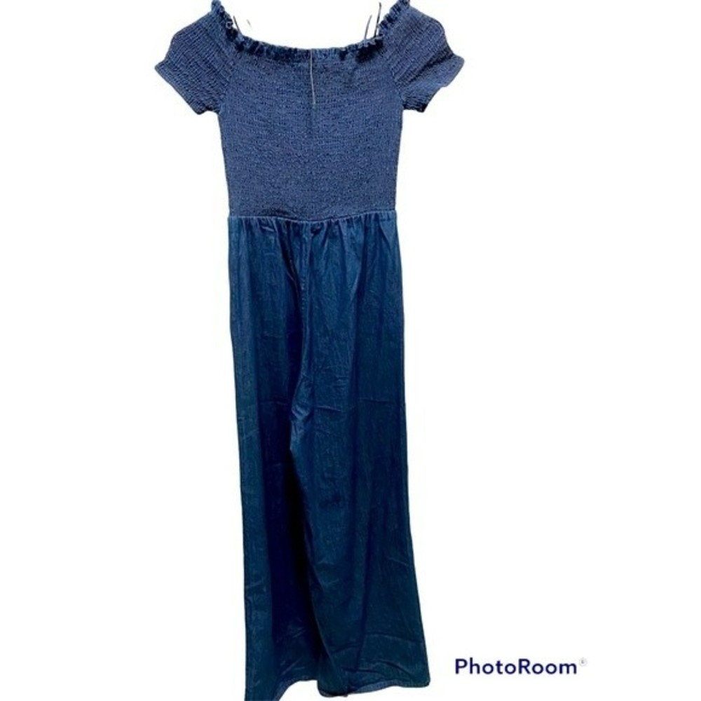 NWT Blue smocking Chambray Women’s Jumpsuit, off-shoulder, size XS
